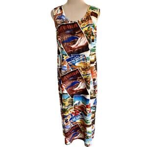 Vintage Y2K Jam's World Retro Traveler Watercolor Postcard Print Maxi Dress
